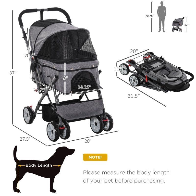 Pet stroller with dimensions and a dog illustration for scale on a white background