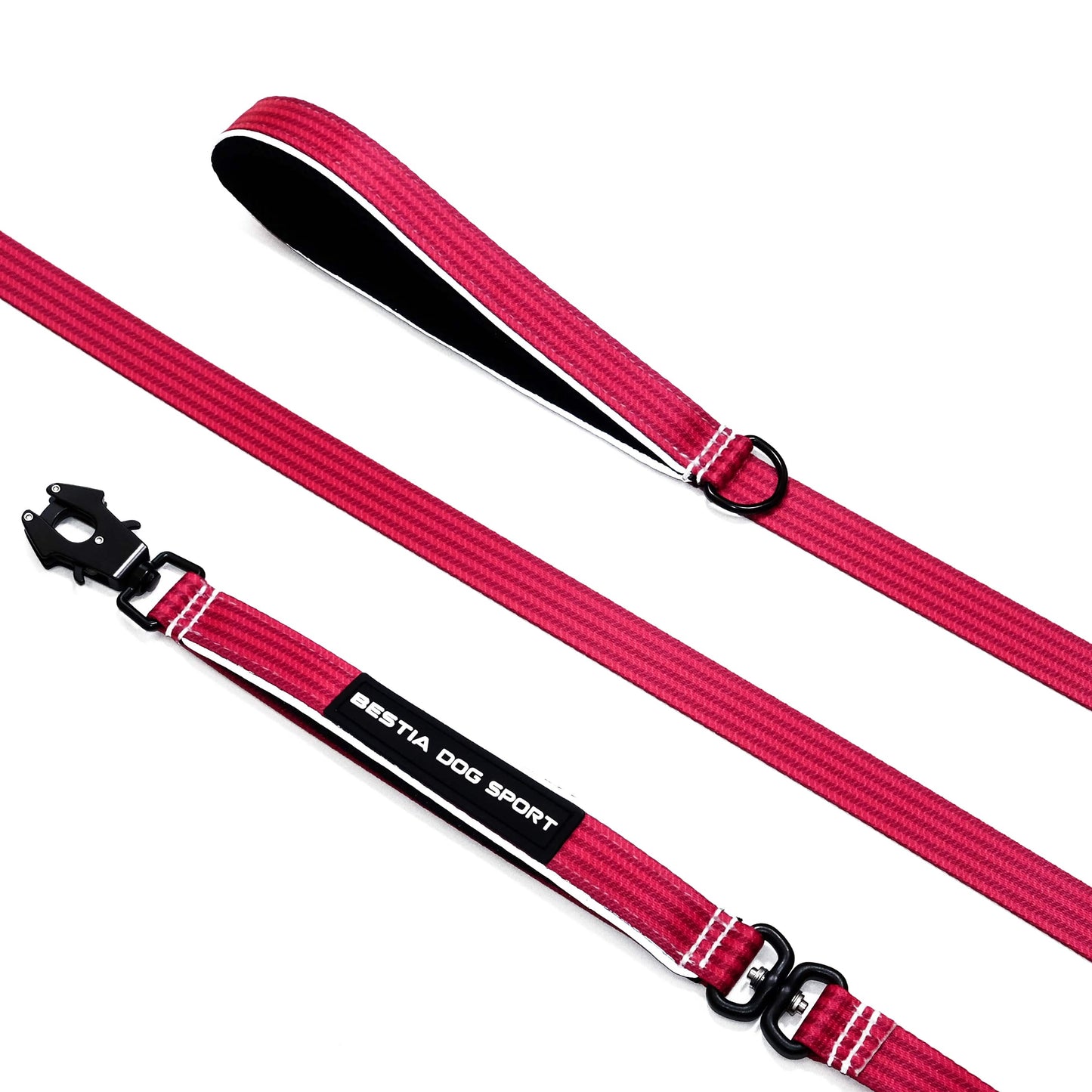 Pink dog leash with black clip and 'Bella Dog Sport' label on a white background