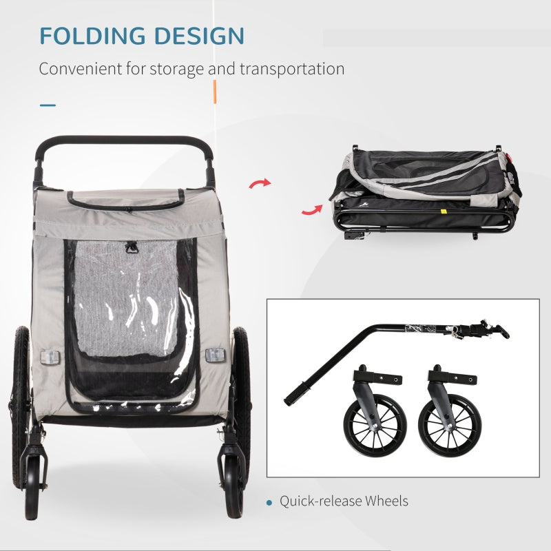 Pet stroller with folding design, quick-release wheels, and storage bag on a white background.