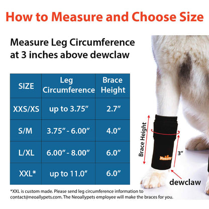 Measurement chart for dog leg braces with a visual of a dog's leg and brace.