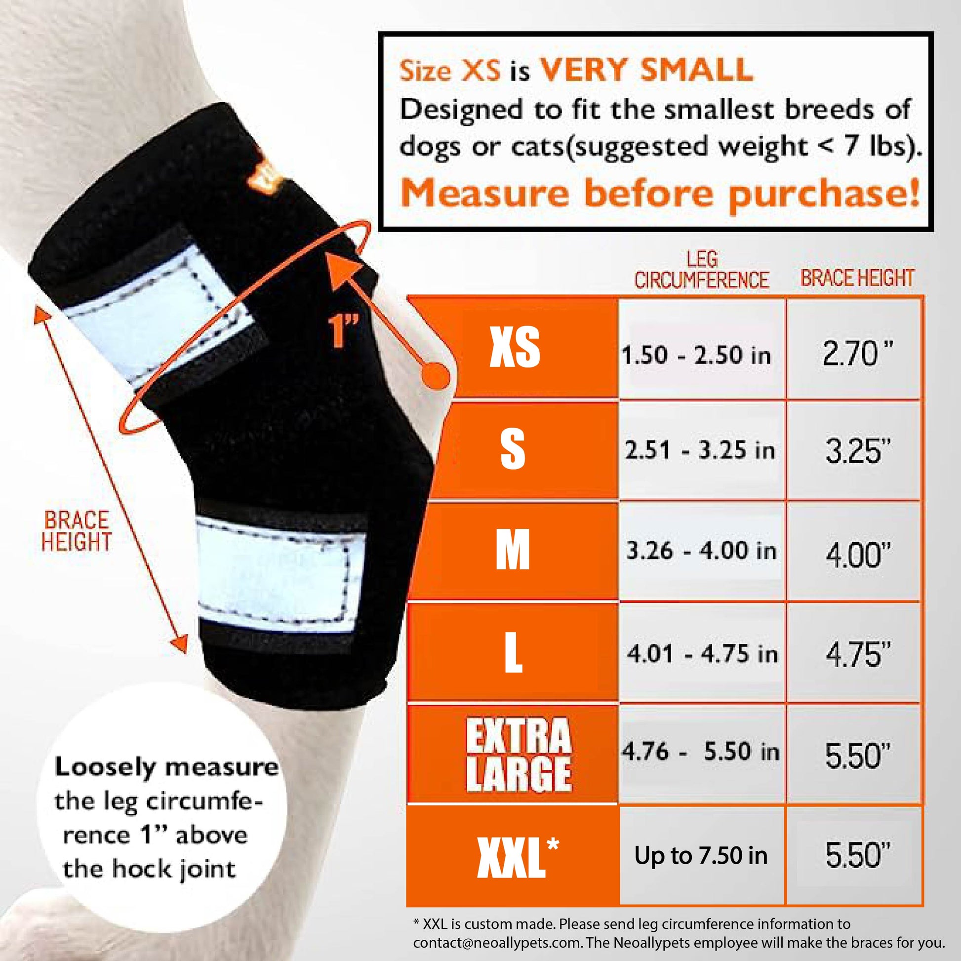 Knee brace with size chart for dogs and cats, showing measurements and fitting instructions.
