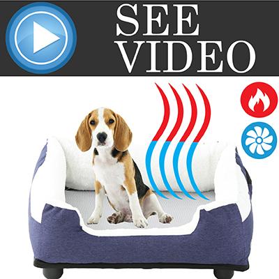 Dog bed with heating elements and a play button icon on a black background
