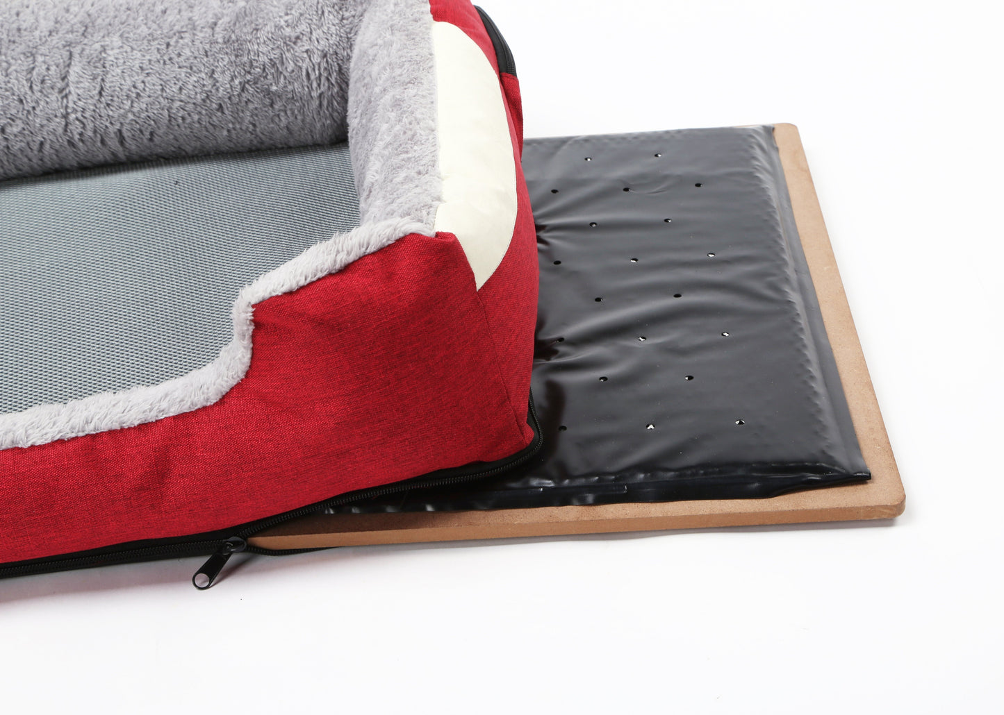 Foldable pet bed with red, gray, and black sides on a white background