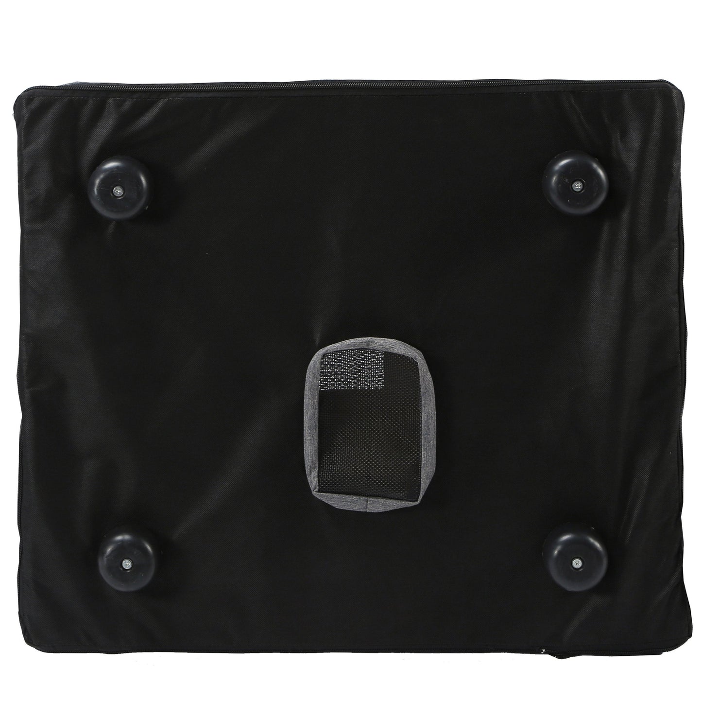 Black cushion with four circular凸起物 on a white background