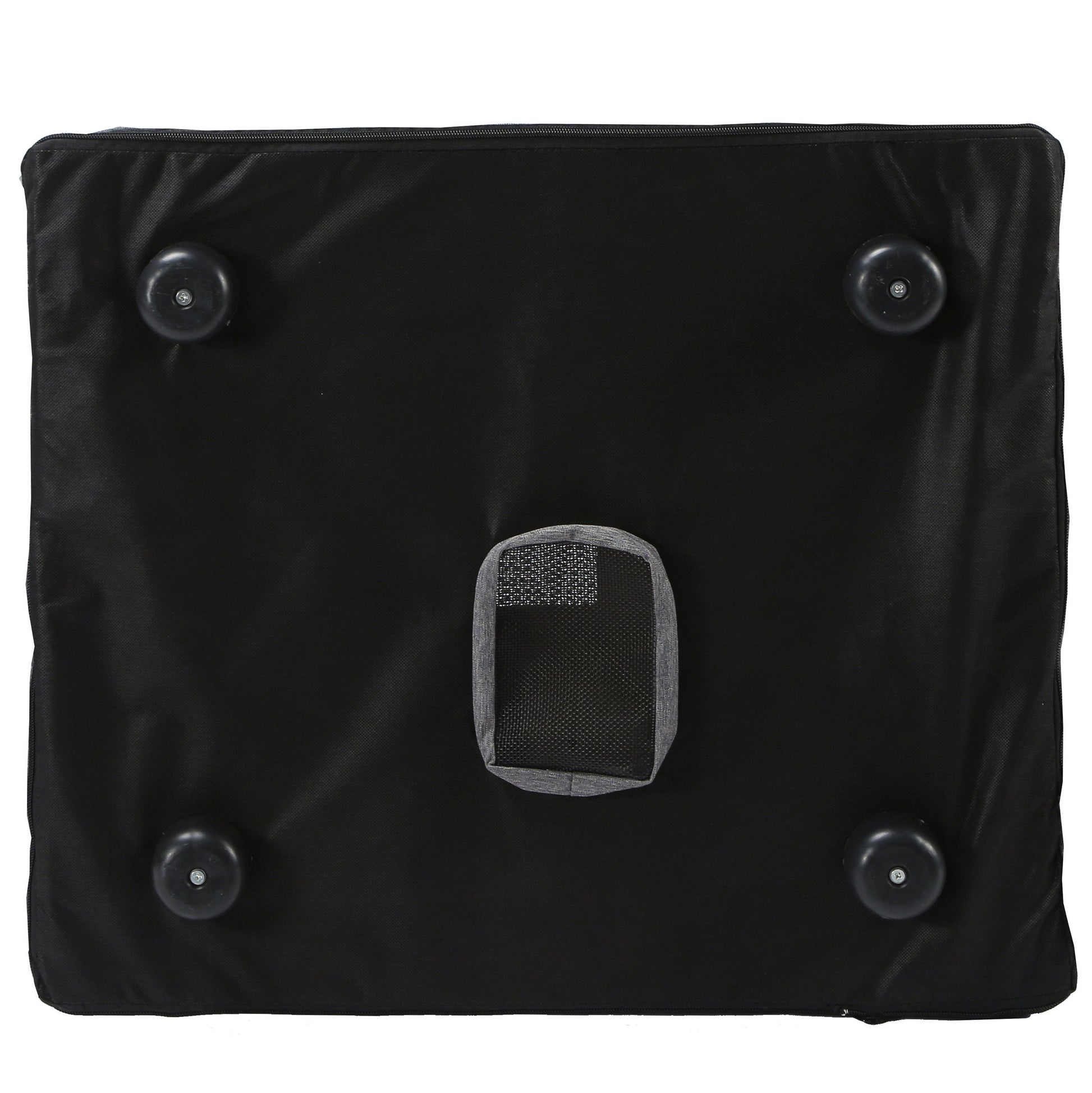 Black cushion with four circular凸起物 on a white background