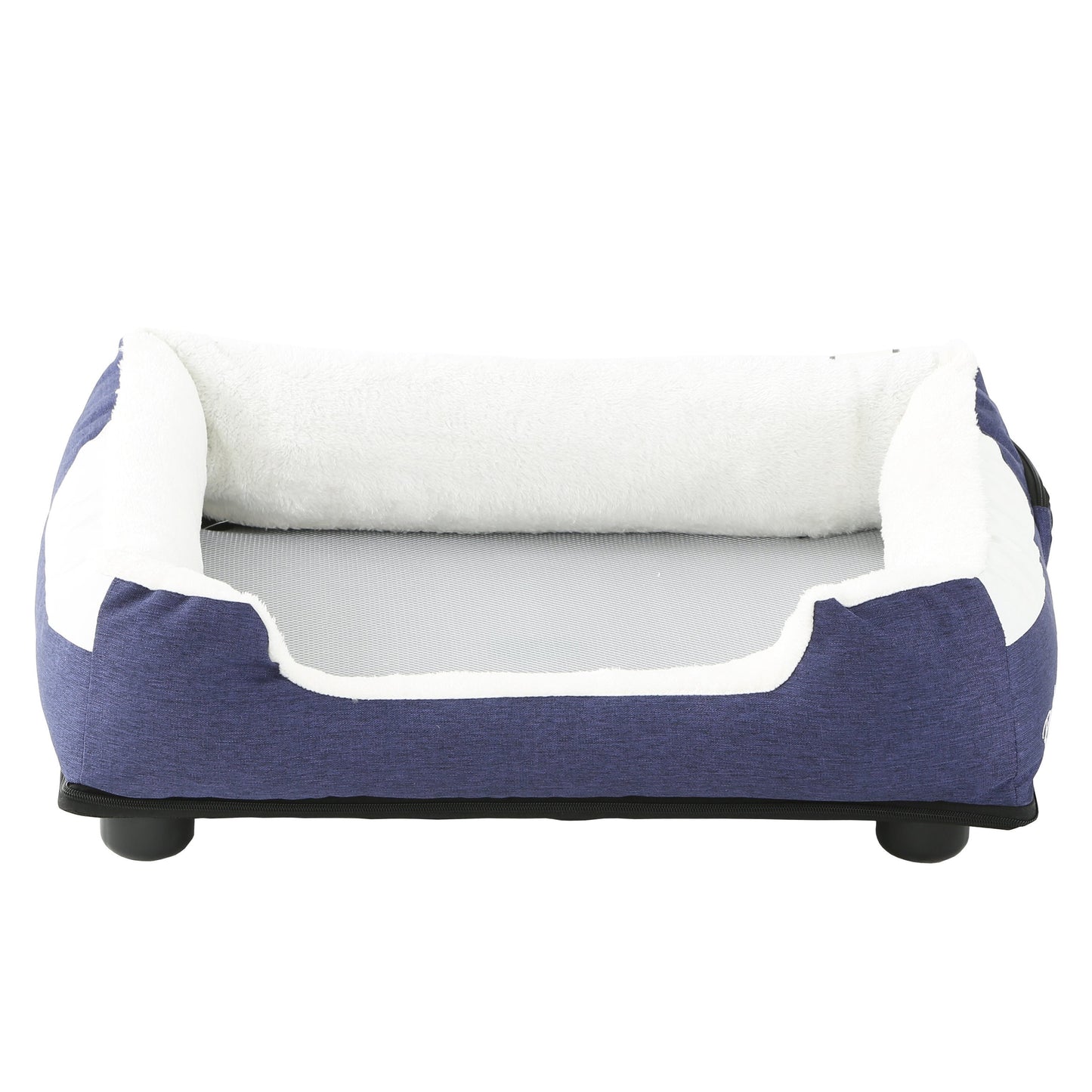 Blue and white pet bed on a white background