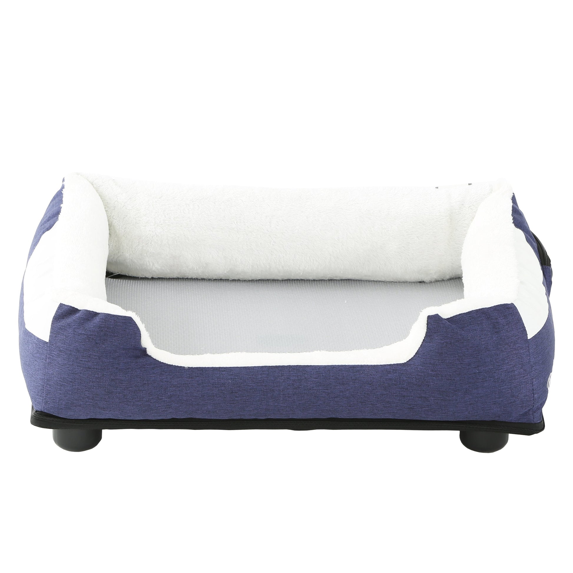 Blue and white pet bed on a white background