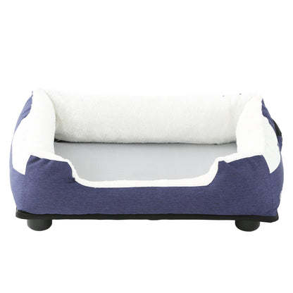 Blue and white pet bed on a white background