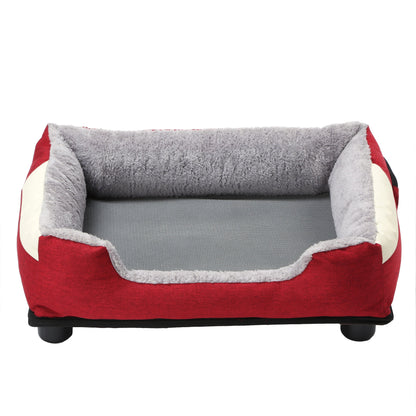 Red and gray pet bed with mesh bottom on a white background