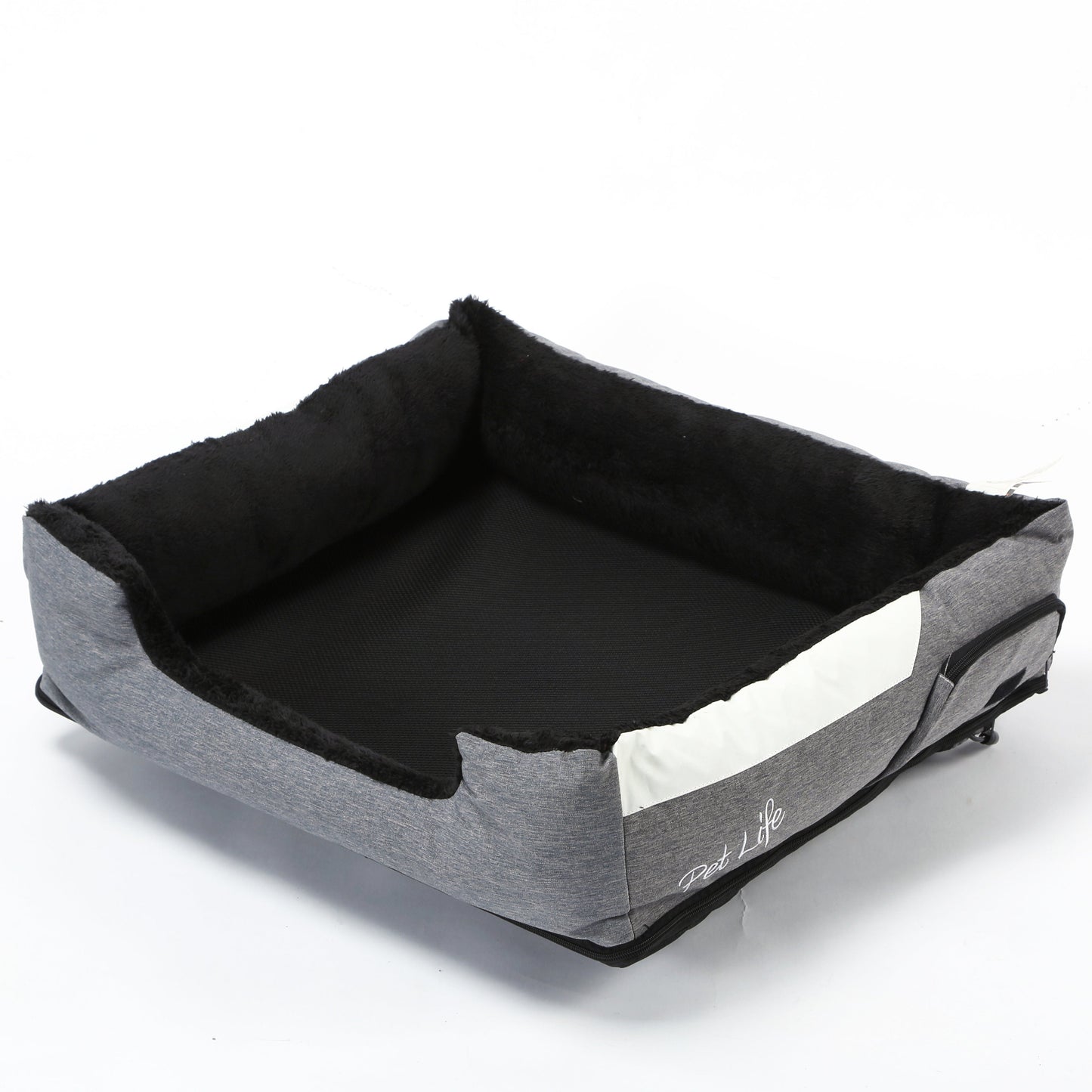 Gray and black pet bed with a visible brand logo on a white background
