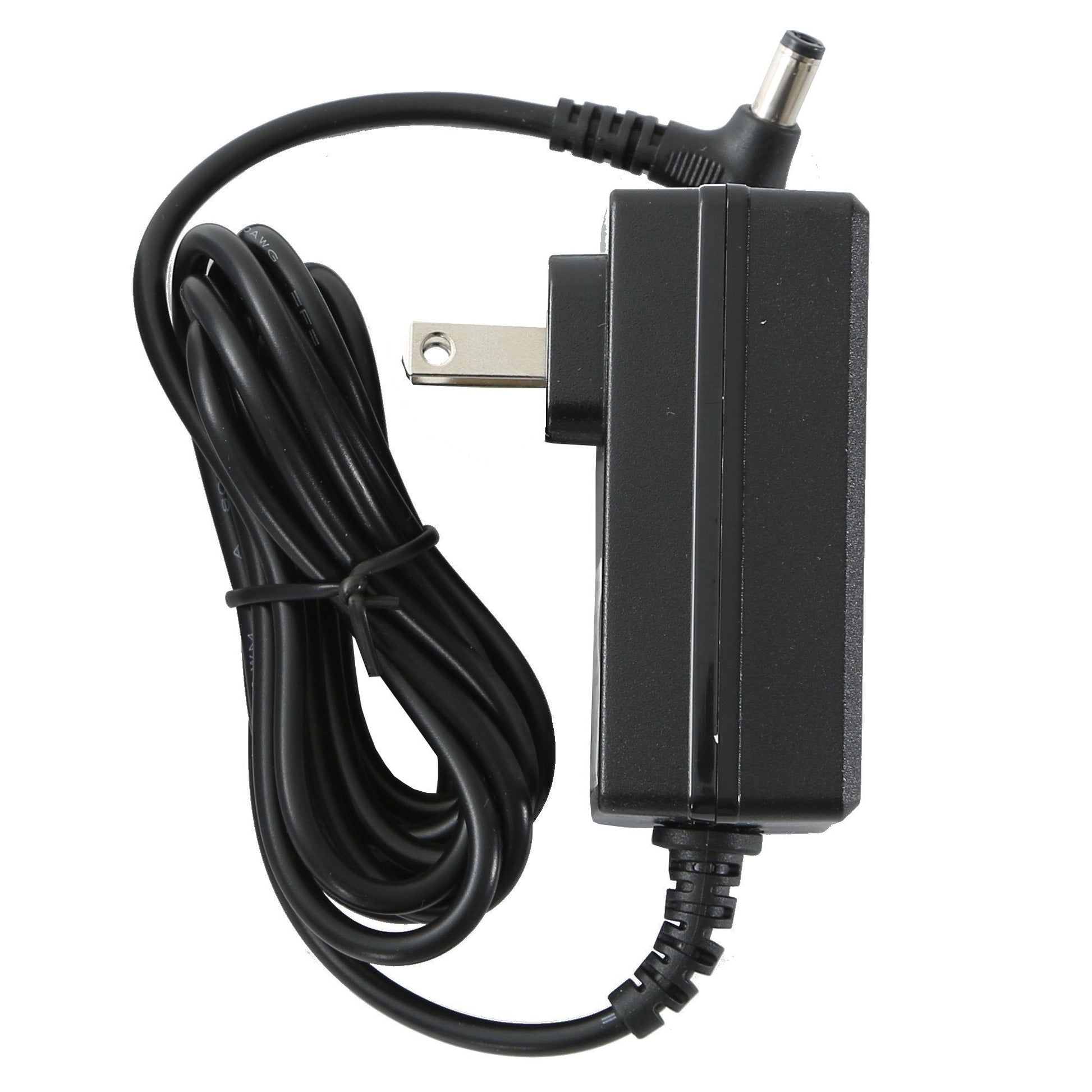 Black power adapter with a long cable on a white background