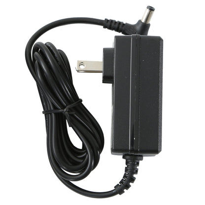Black power adapter with a long cable on a white background