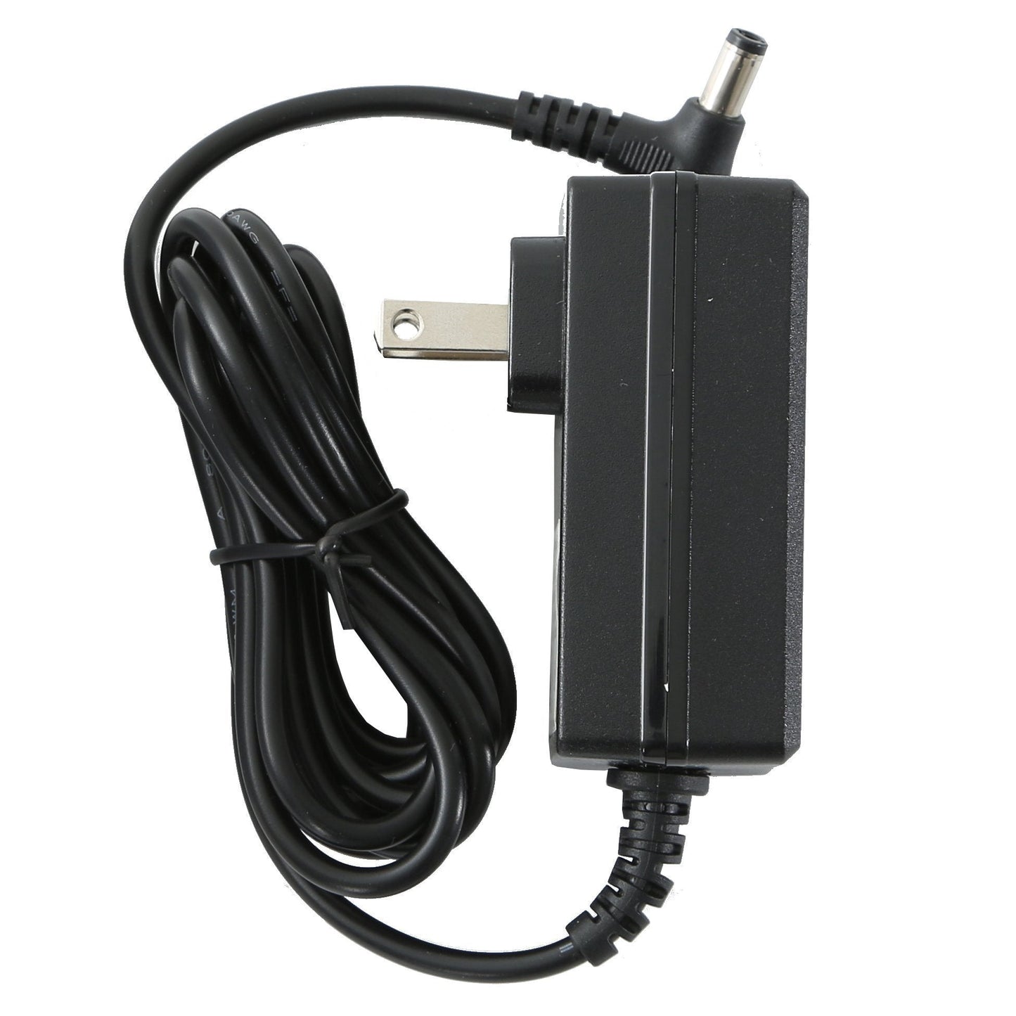 Black power adapter with a long cable on a white background