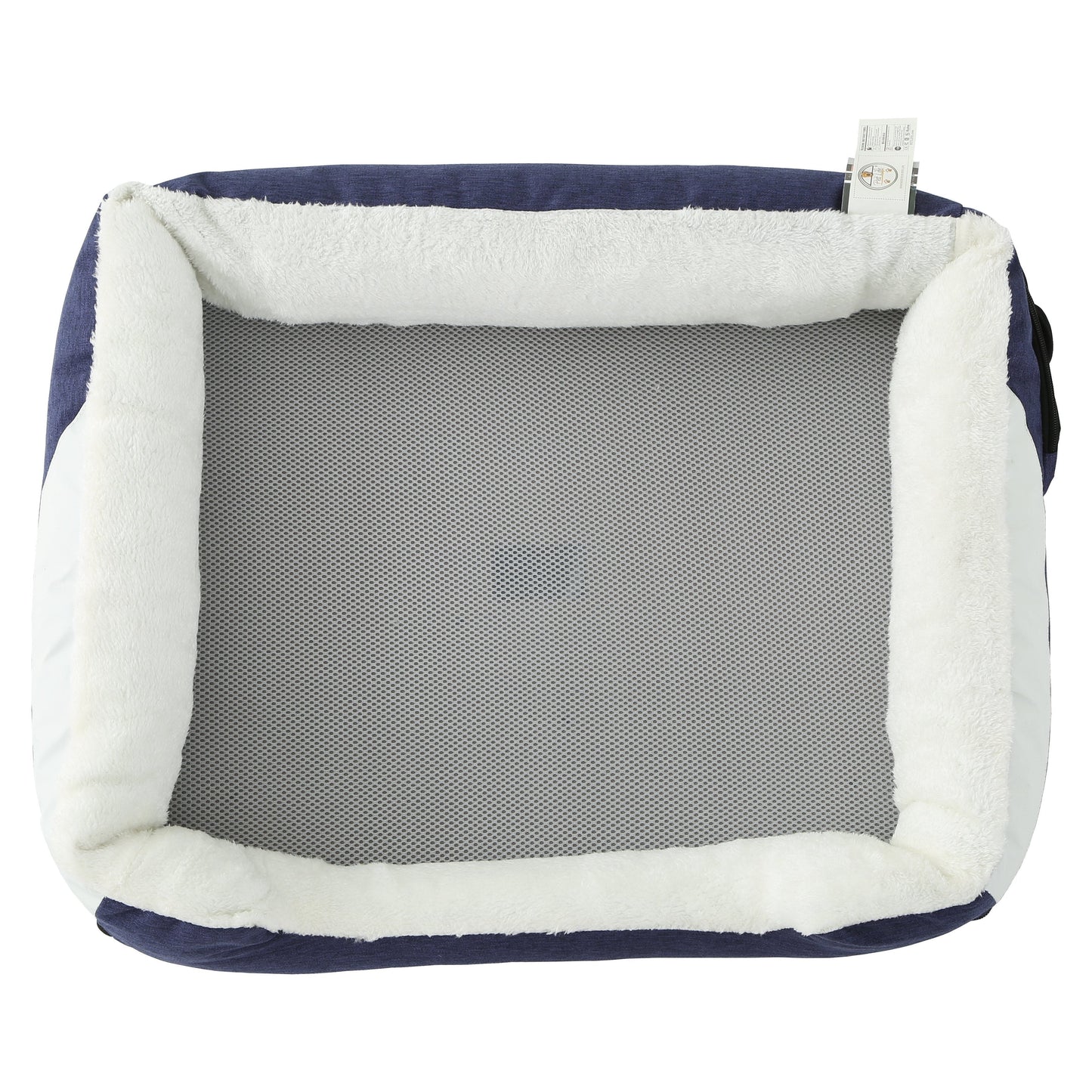 Navy and white pet bed with mesh bottom on a white background