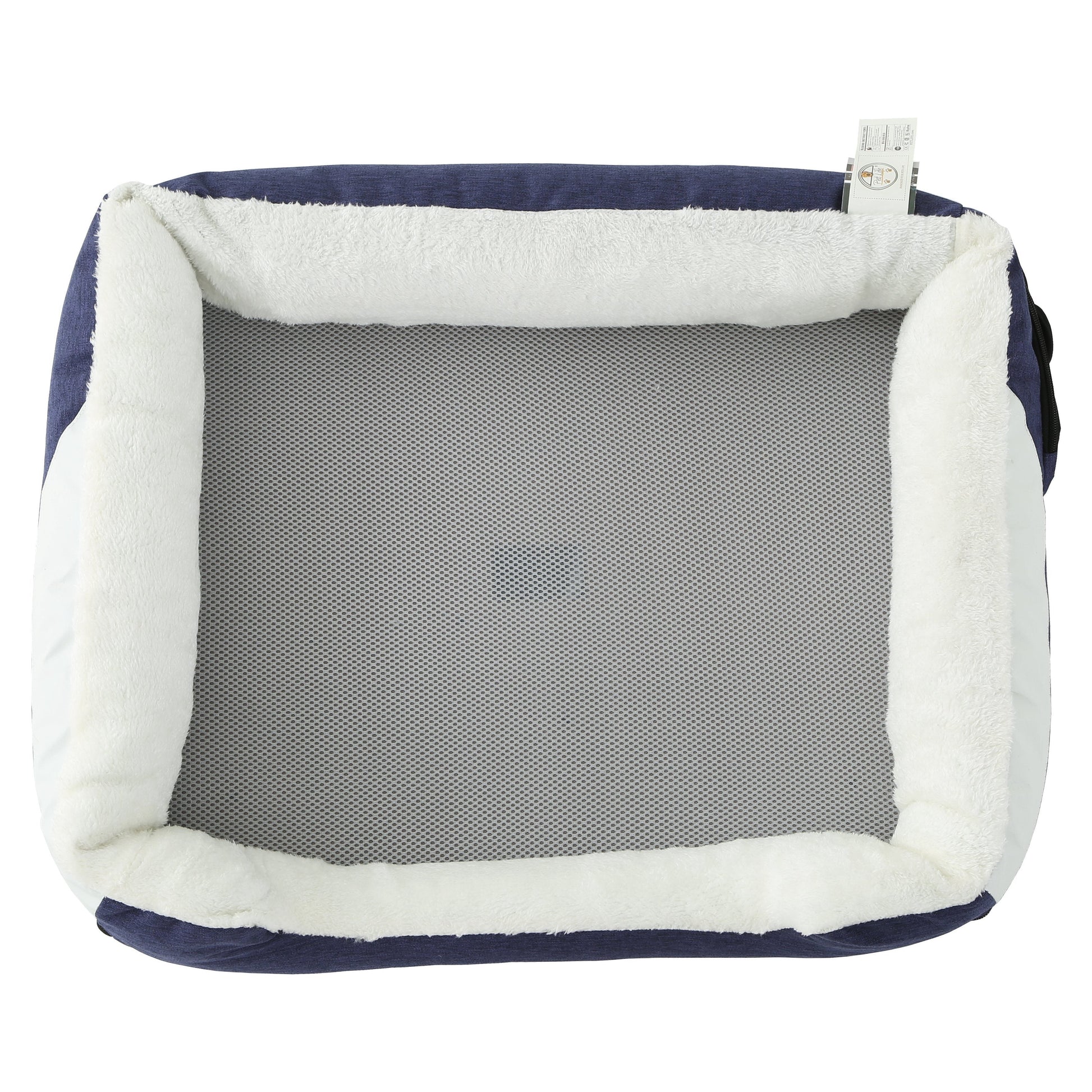 Navy and white pet bed with mesh bottom on a white background
