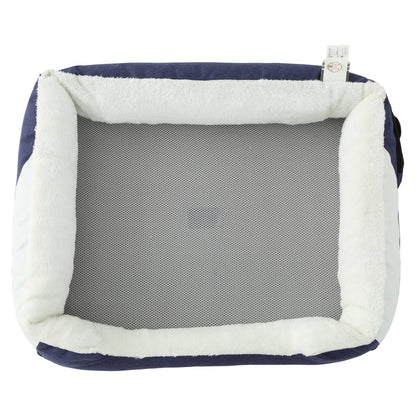 Navy and white pet bed with mesh bottom on a white background