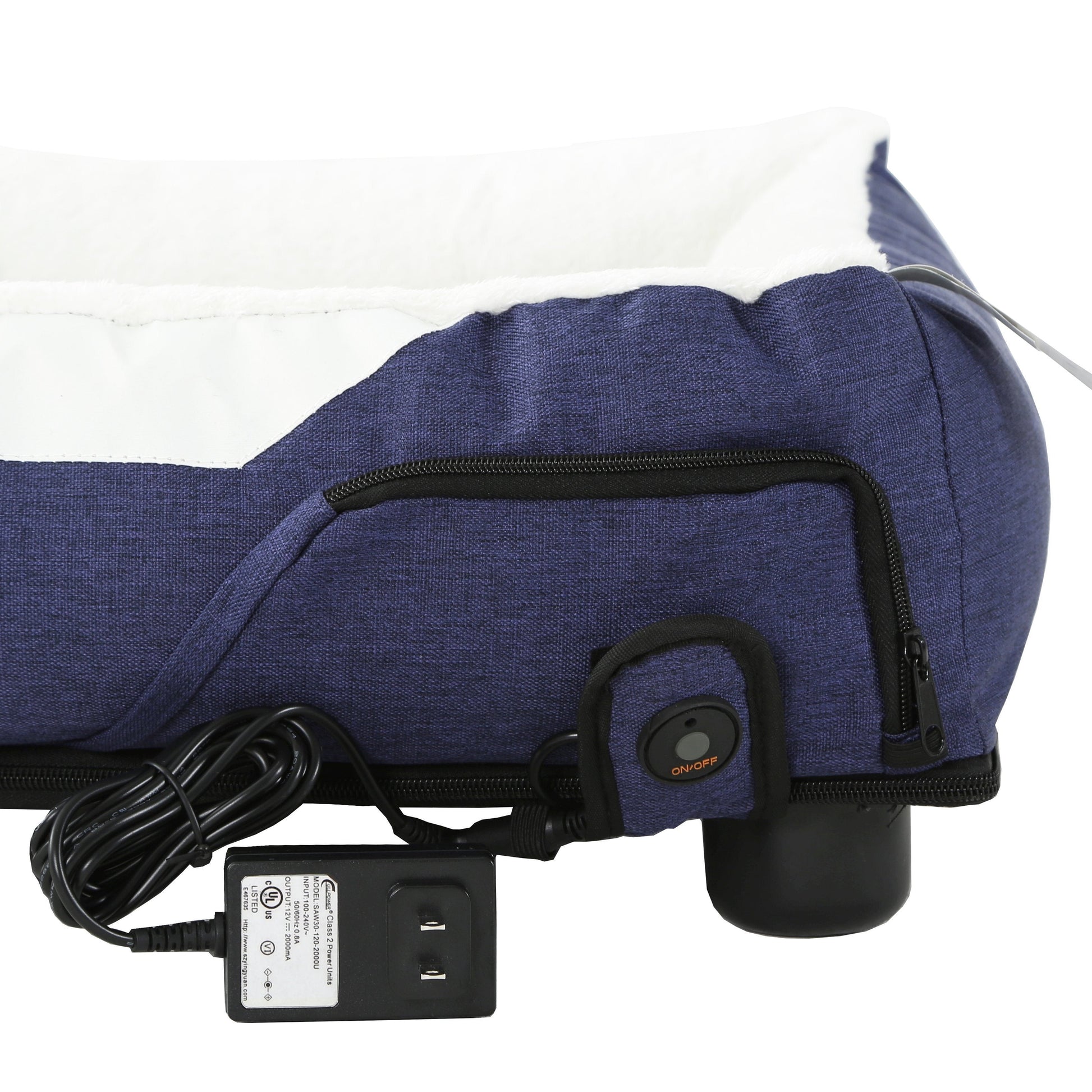 Blue heating pad with power cord and plug on a white background