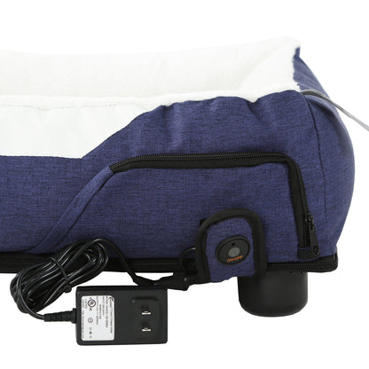 Blue heating pad with power cord and plug on a white background