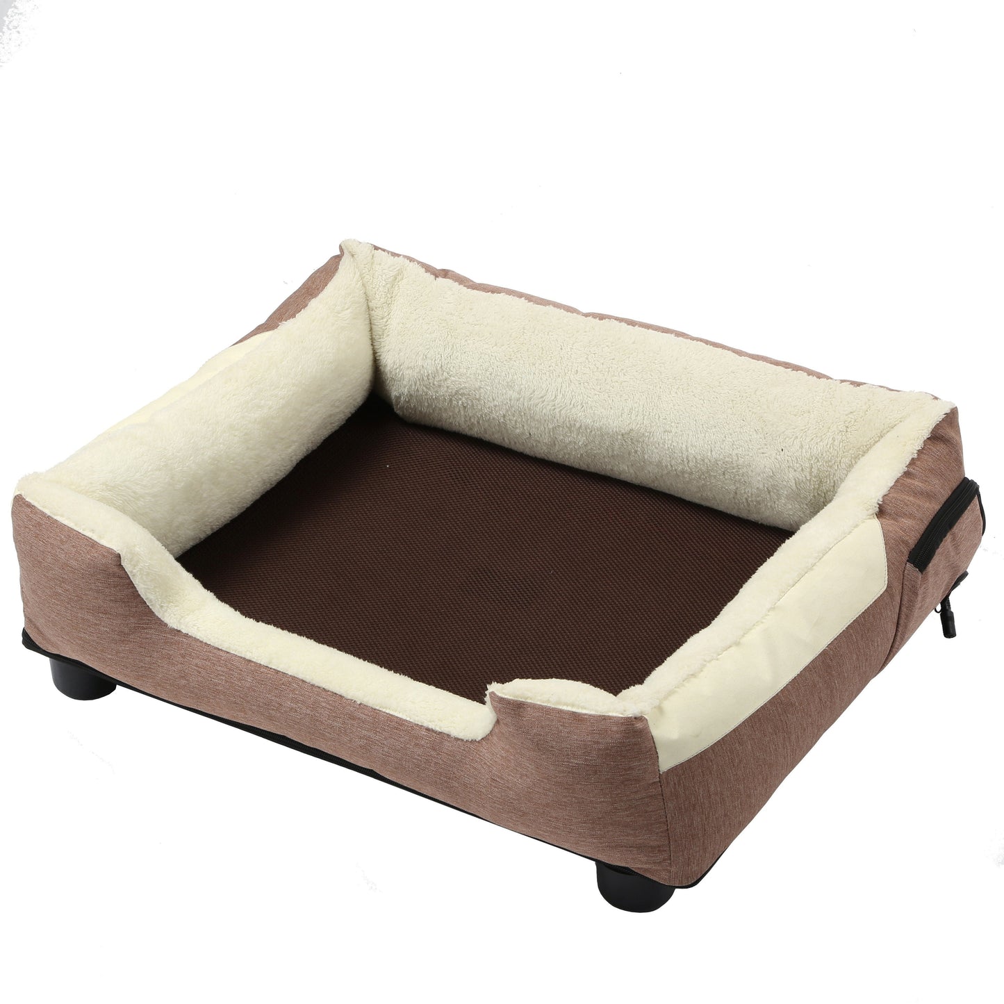 Brown and beige pet bed with wheels on a white background