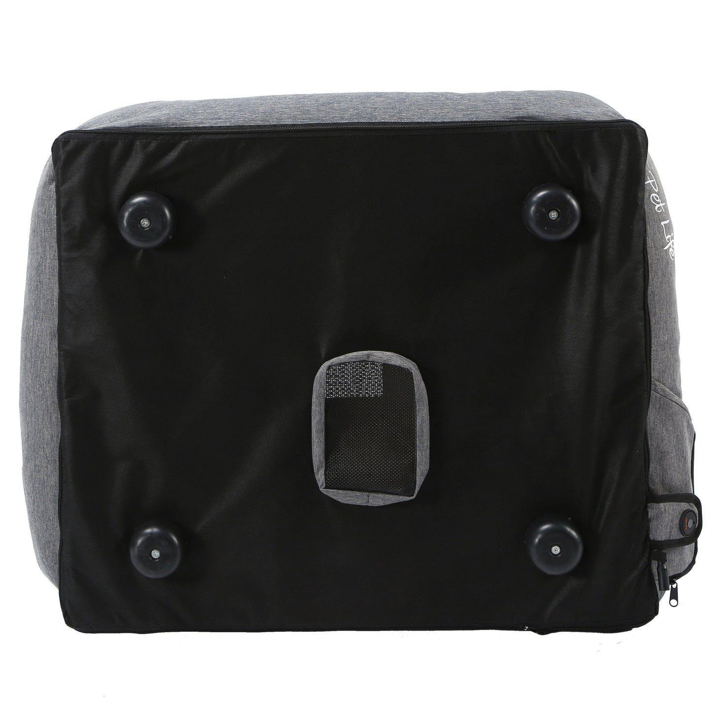 Back view of a black and gray backpack with visible brand logo.