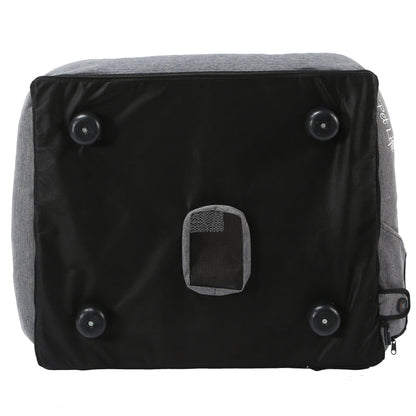 Back view of a black and gray backpack with visible brand logo.