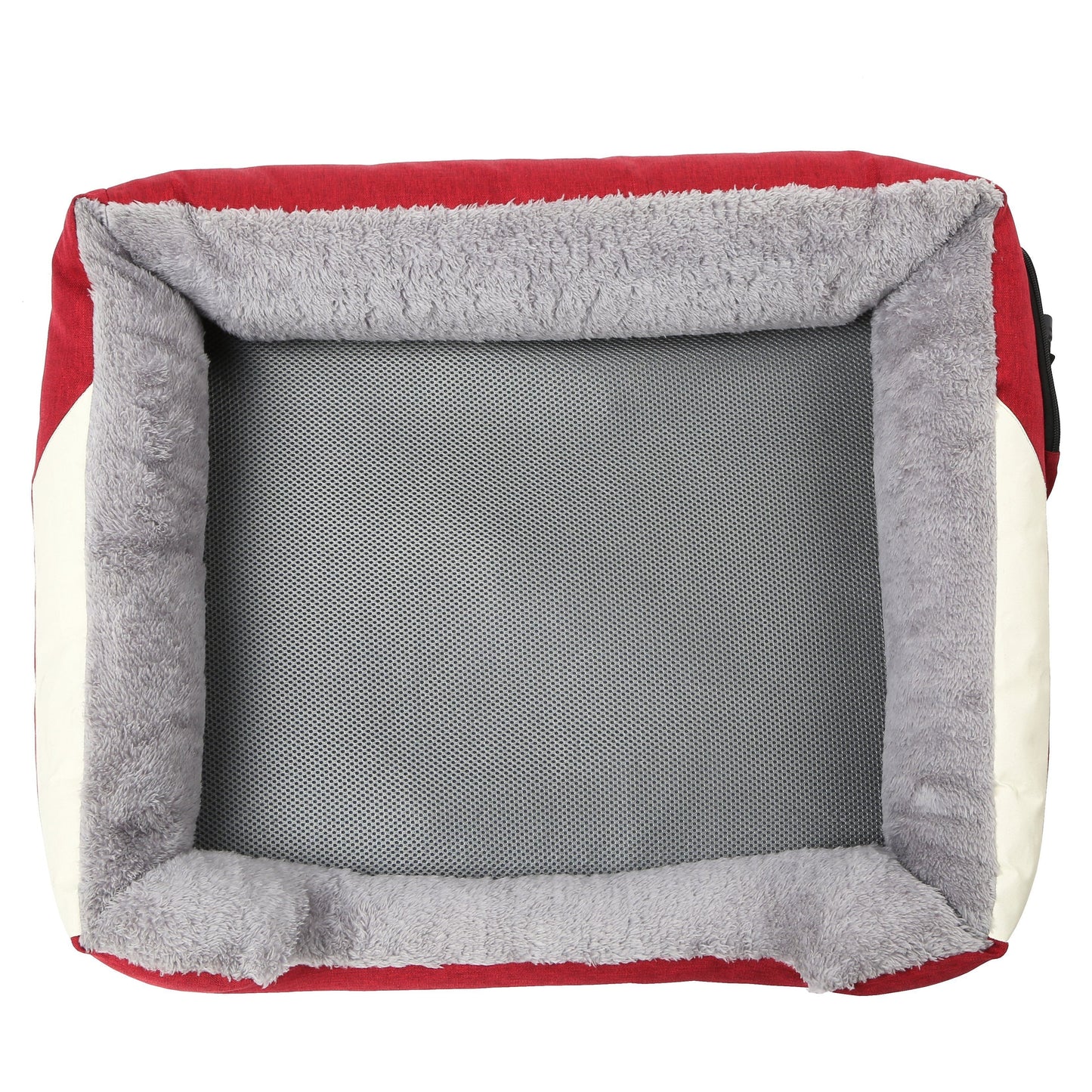 Red, gray, and white pet bed with mesh bottom on a white background