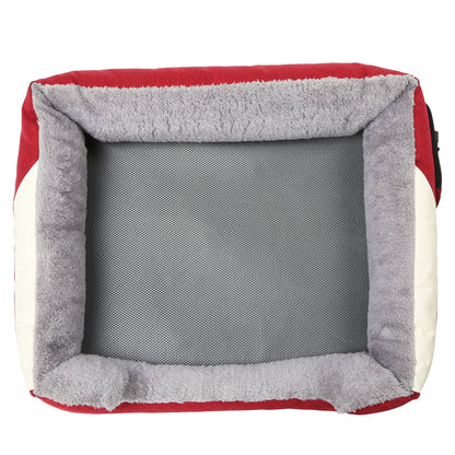 Red, gray, and white pet bed with mesh bottom on a white background