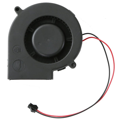Black fan with red and black wires on a white background