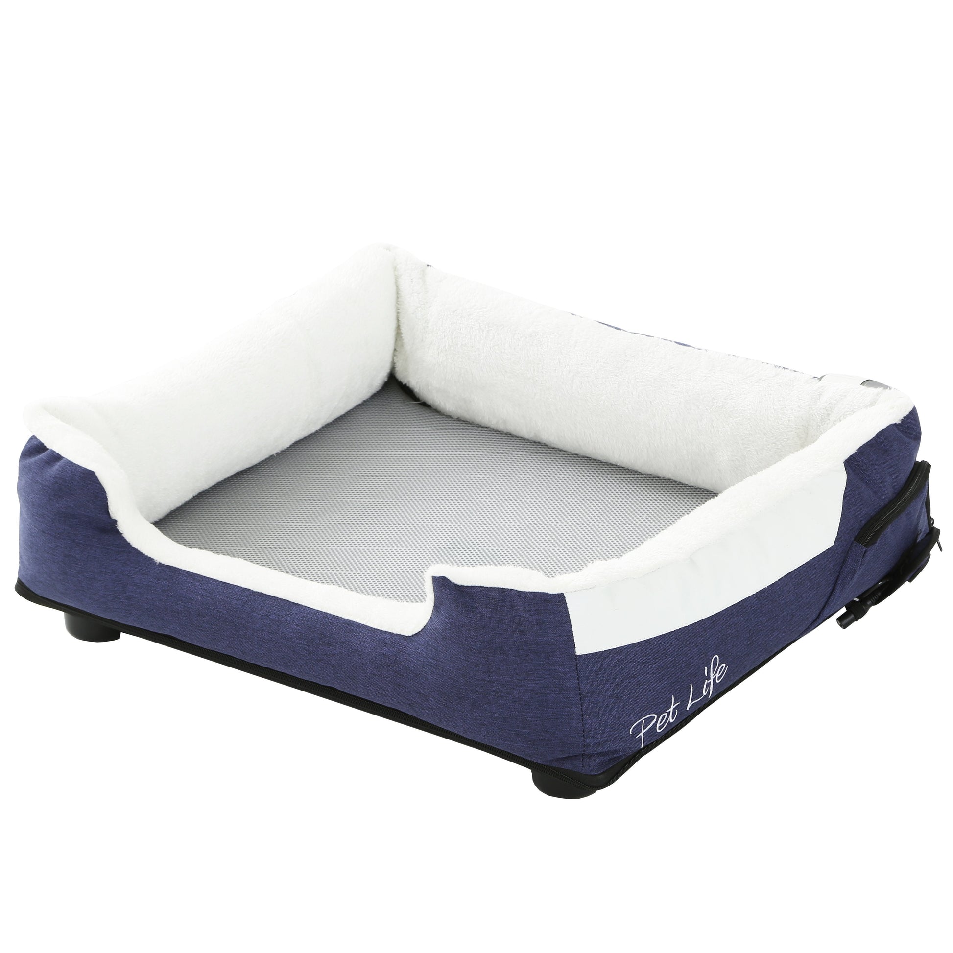 Navy and white pet bed with mesh bottom on a white background