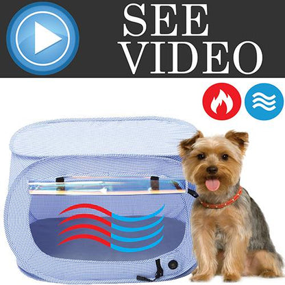 Dog sitting next to a blue pet carrier with safety certification logos, and a 'See Video' button.