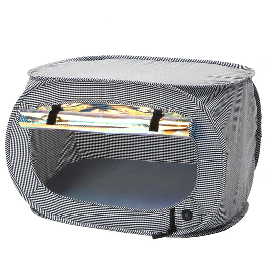 Pet bed with mesh sides and a heating element on a white background