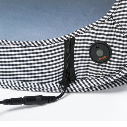 On Off power button on black and white fabric