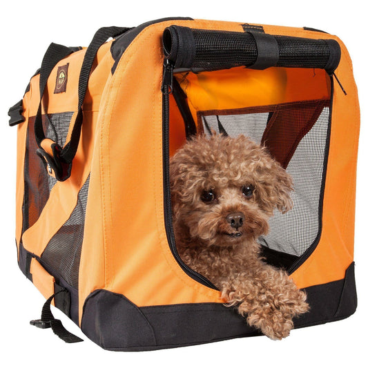 Orange pet carrier with a small dog peeking out on a white background
