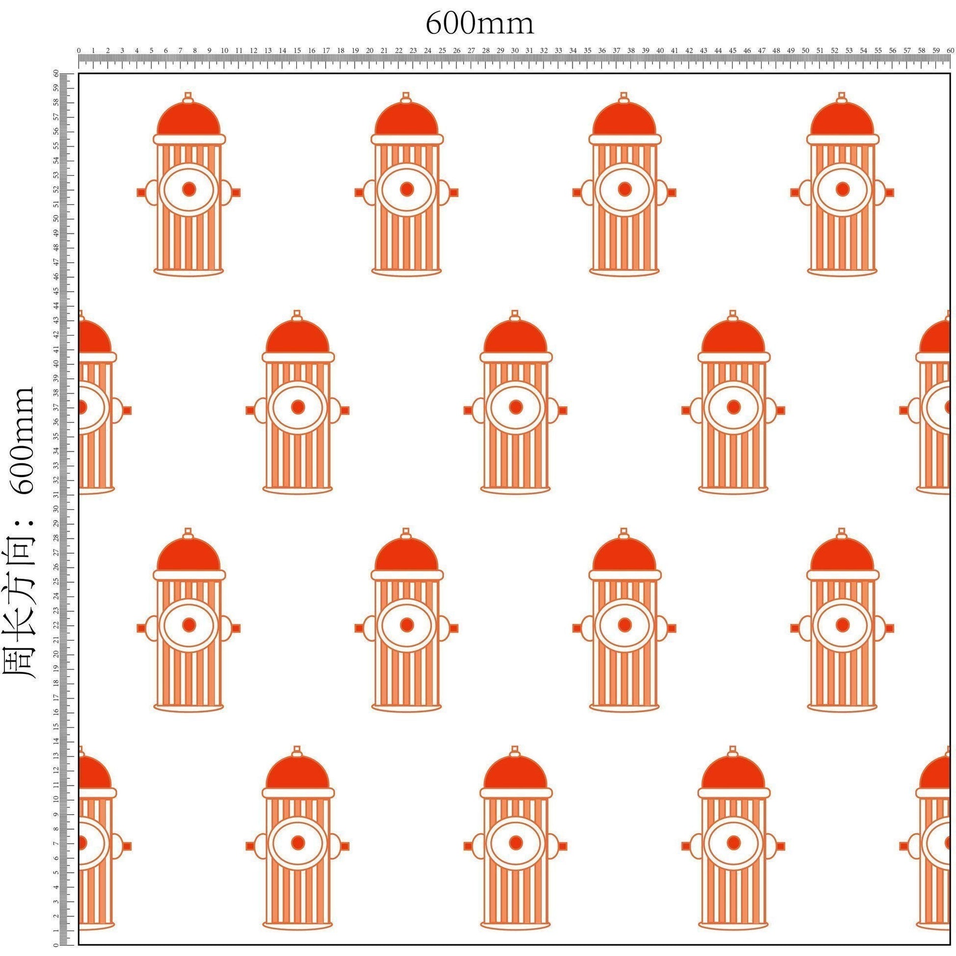 Pattern of fire hydrants on a white background with measurement scale.