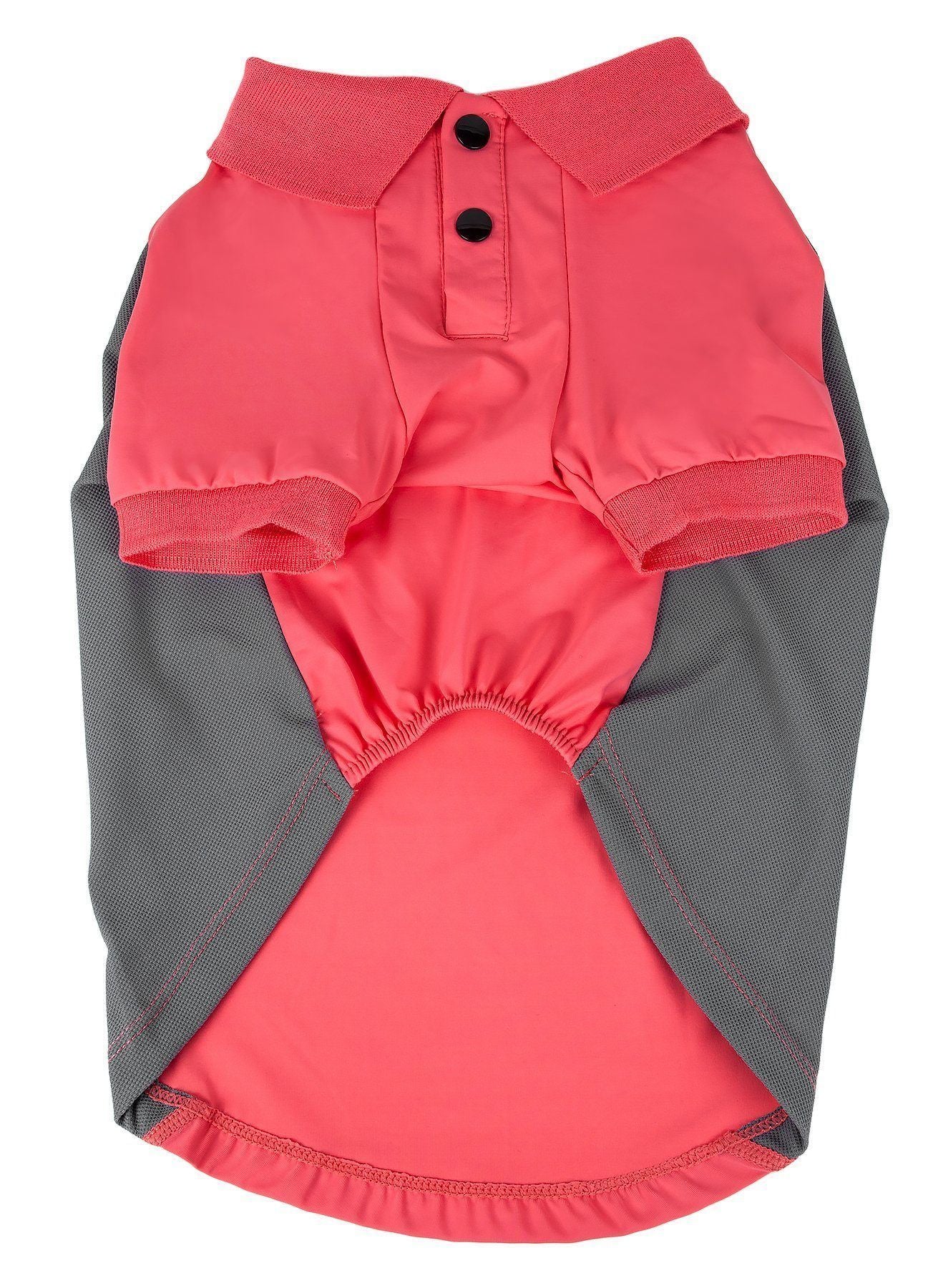 Dog outfit with red top and gray bottom on a white background