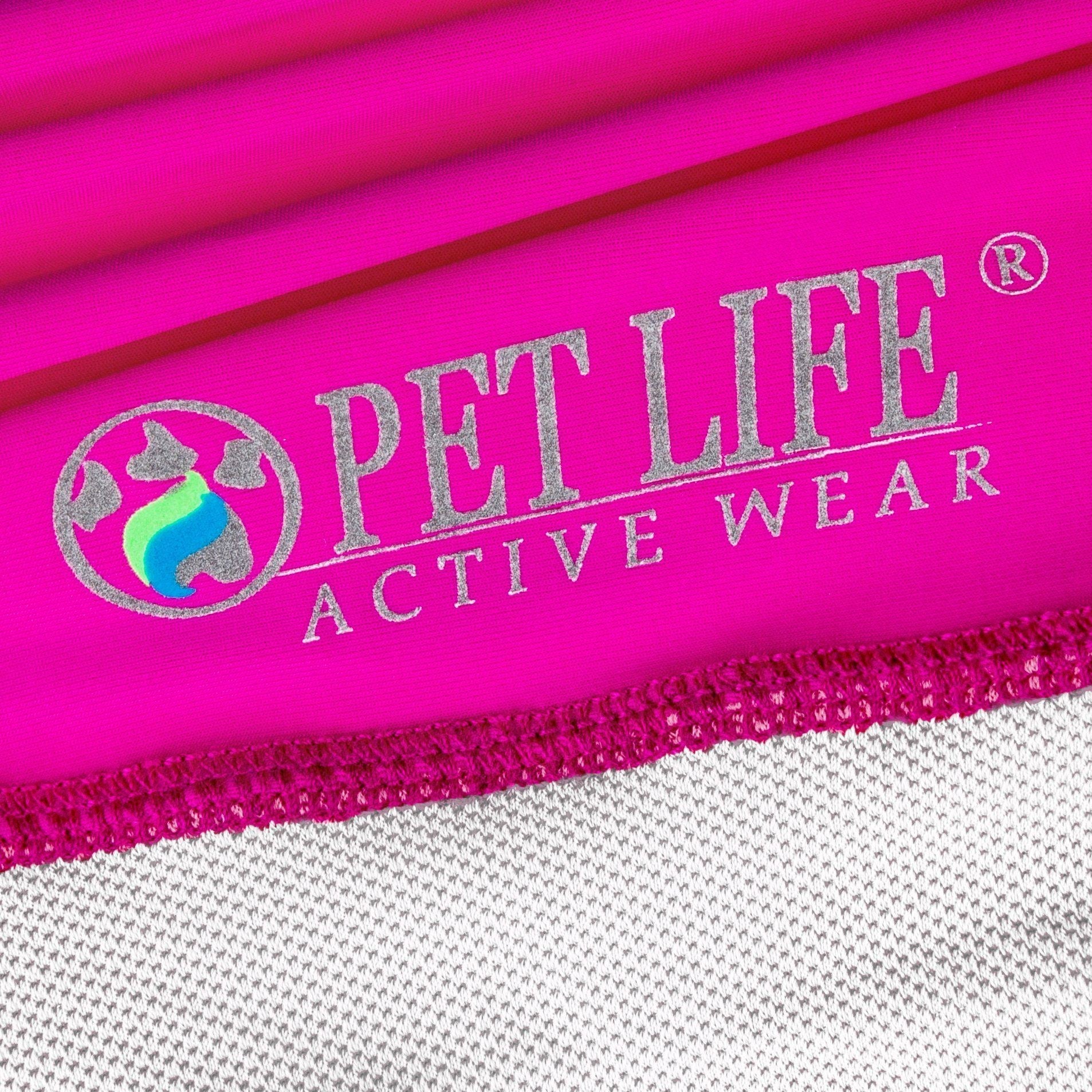 Close-up of pink pet clothing with 'Pet Life Active Wear' logo.