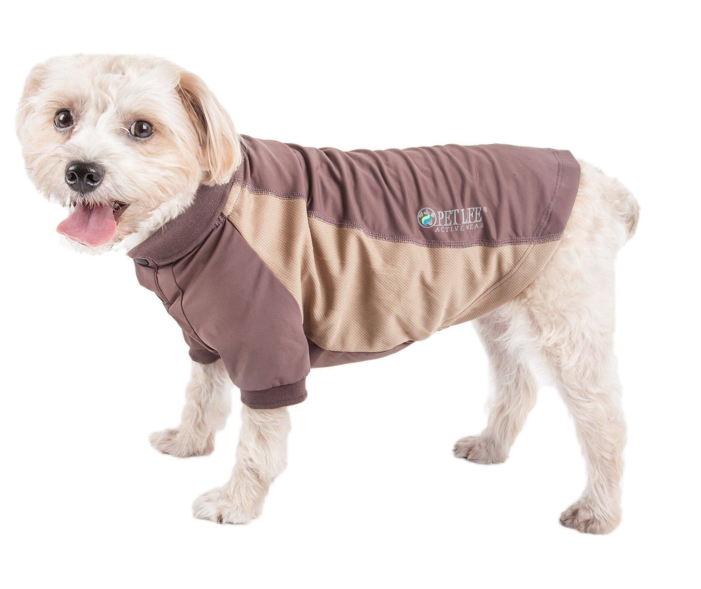 Dog wearing a brown and beige fleece coat on a white background