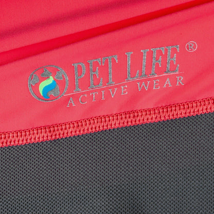 Close-up of a red and gray pet product with 'Pet Life Active Wear' logo.