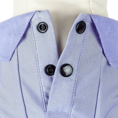 Close-up of a light blue blazer with black buttons on a mannequin.