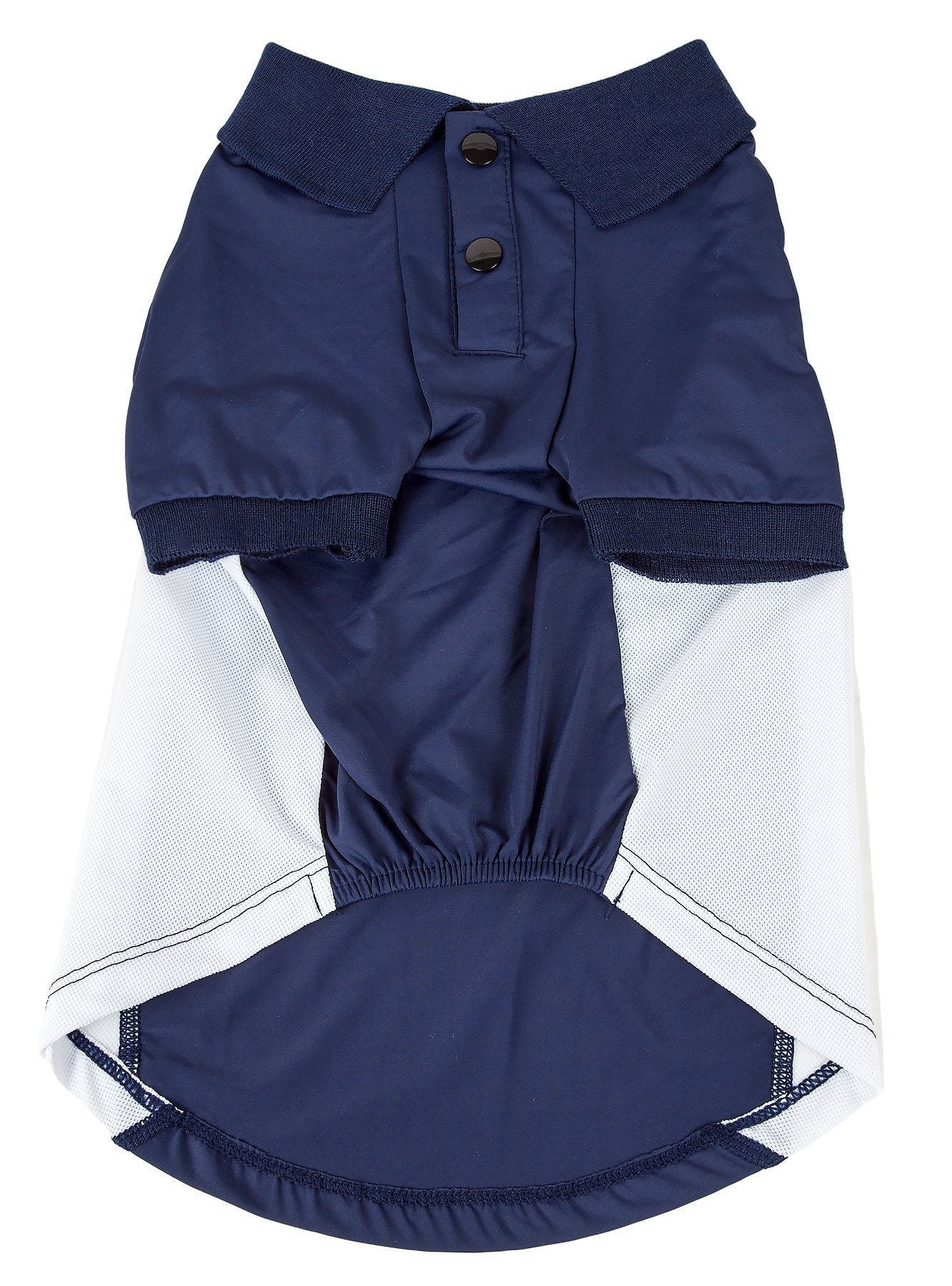 Navy and white dog raincoat on a white background