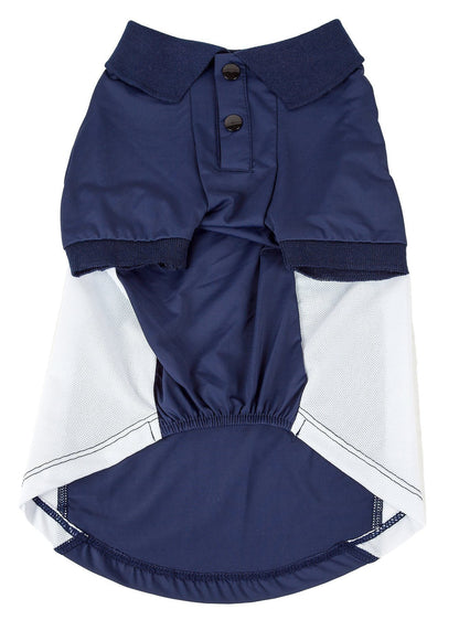 Navy and white dog raincoat on a white background
