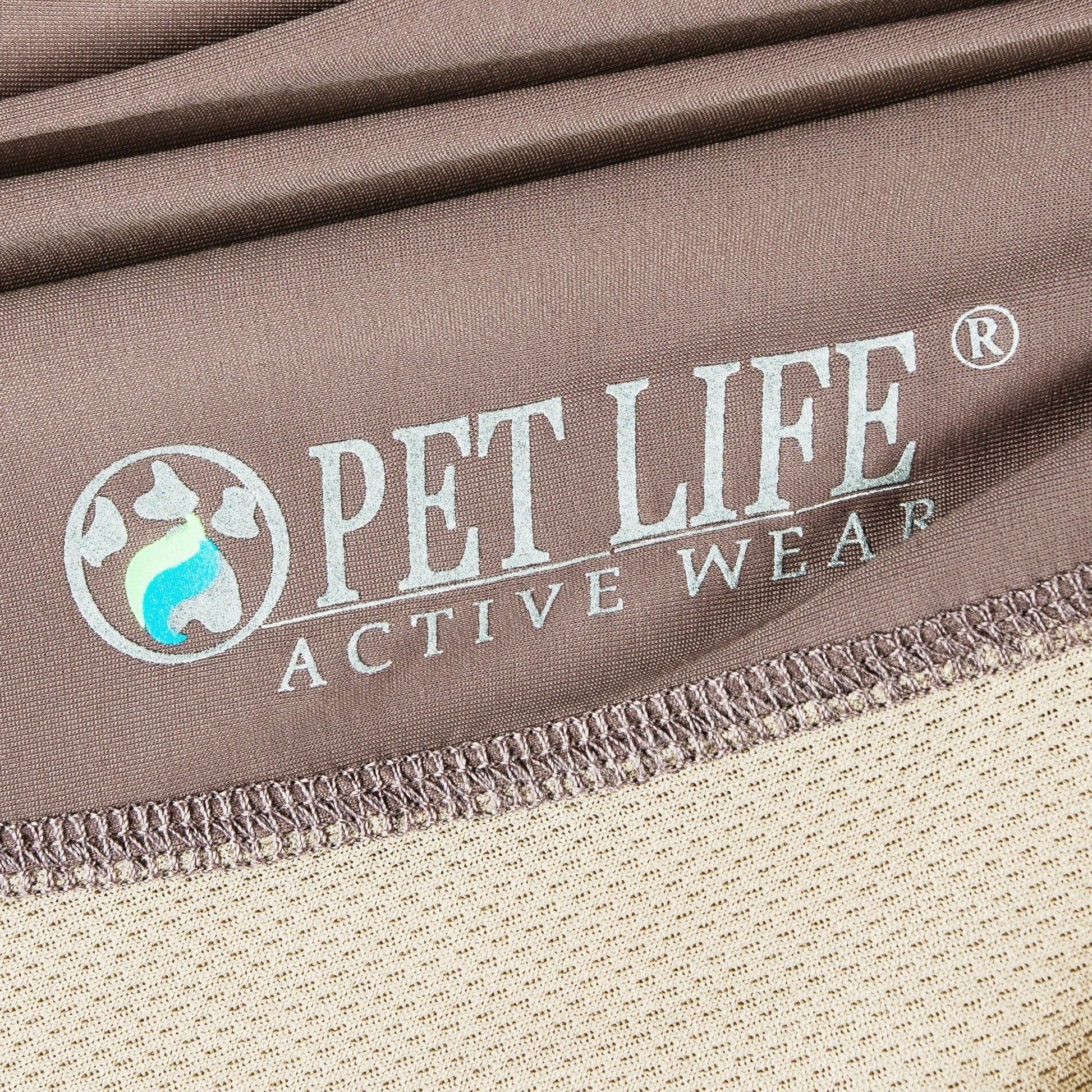Close-up of 'Pet Life Active Wear' fabric with brand logo.