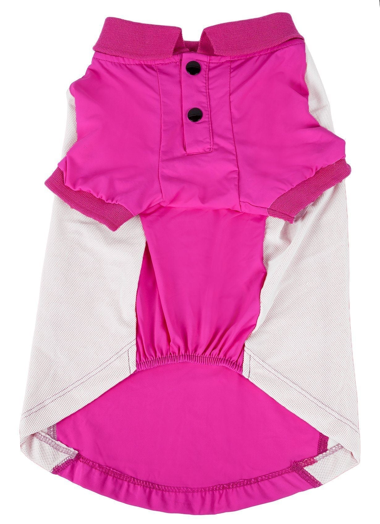 Pink and white dog dress with a collar on a white background