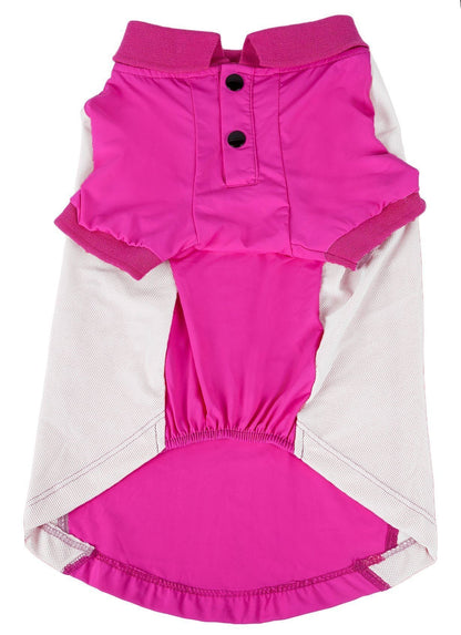 Pink and white dog dress with a collar on a white background