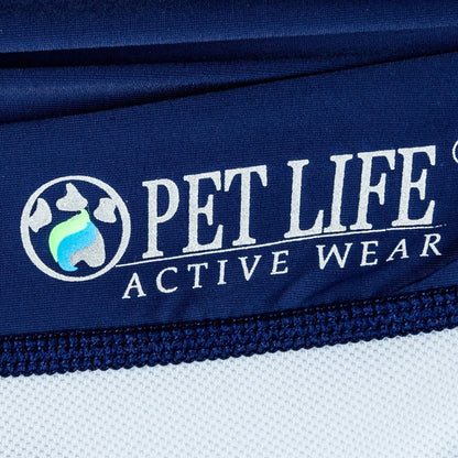 Close-up of 'Pet Life Active Wear' logo on a blue fabric background