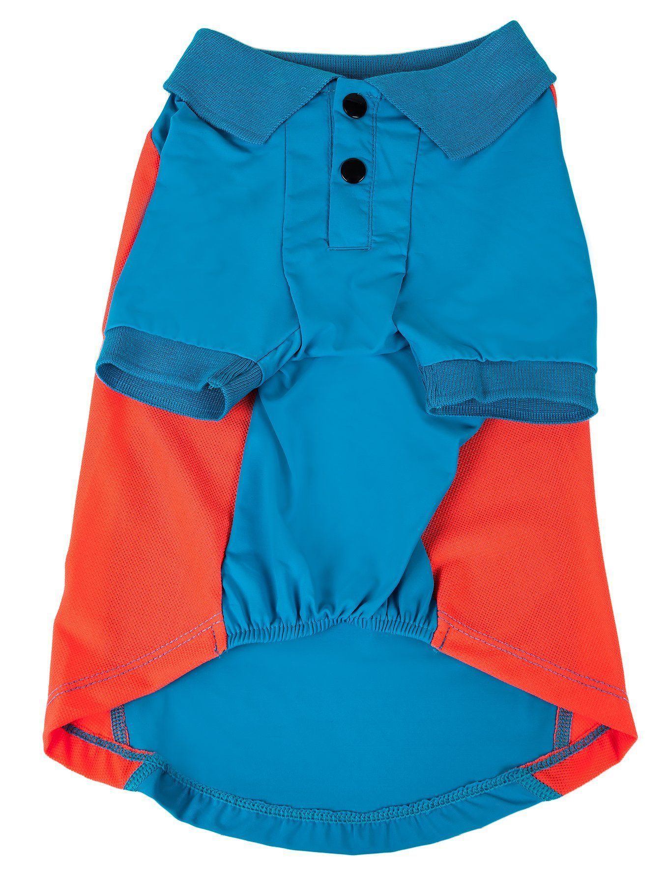 Blue and orange dog dress with a collar on a white background