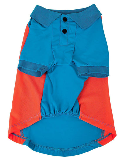 Blue and orange dog dress with a collar on a white background