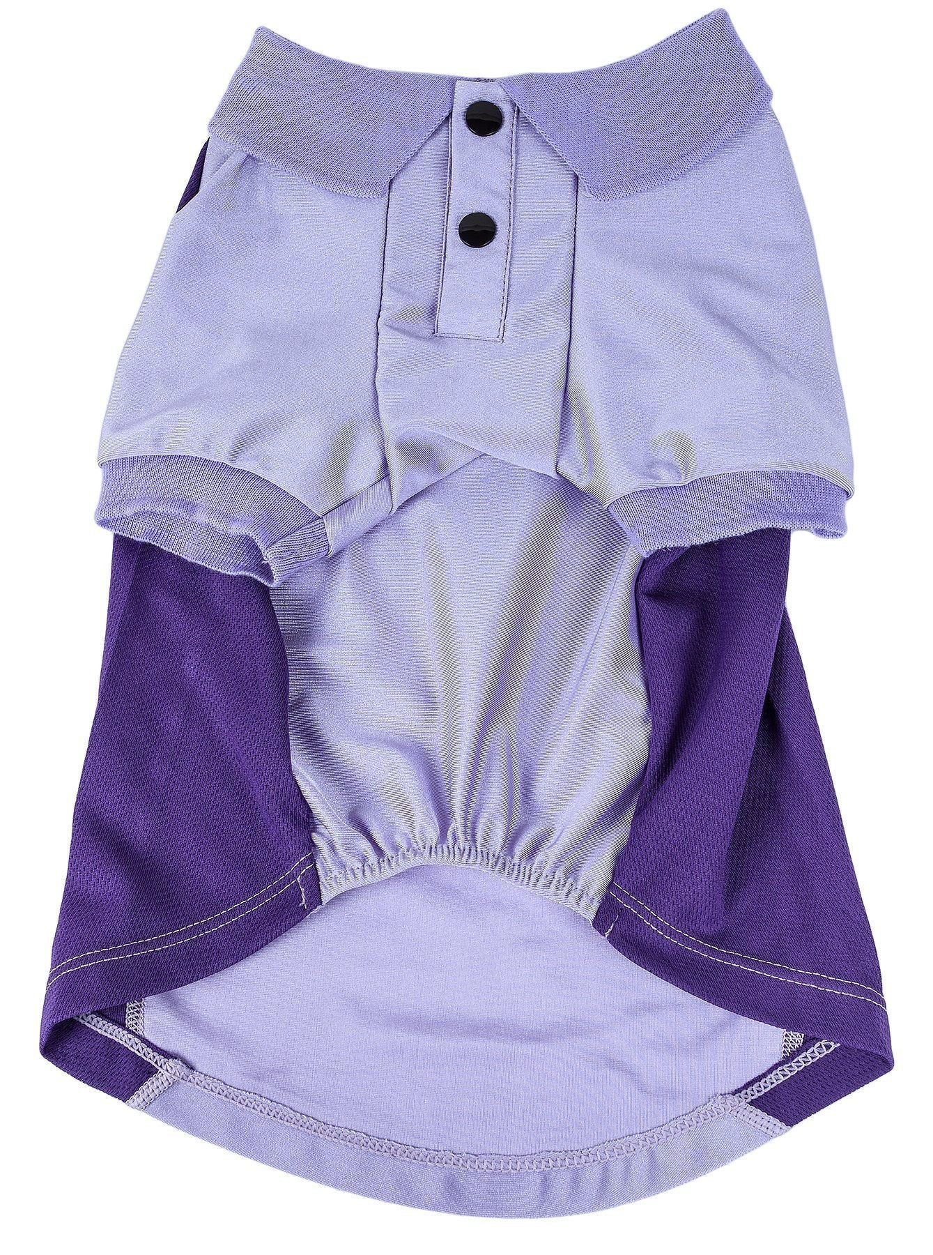 Purple and light blue pet dress with button details on a white background