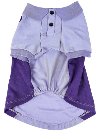 Purple and light blue pet dress with button details on a white background