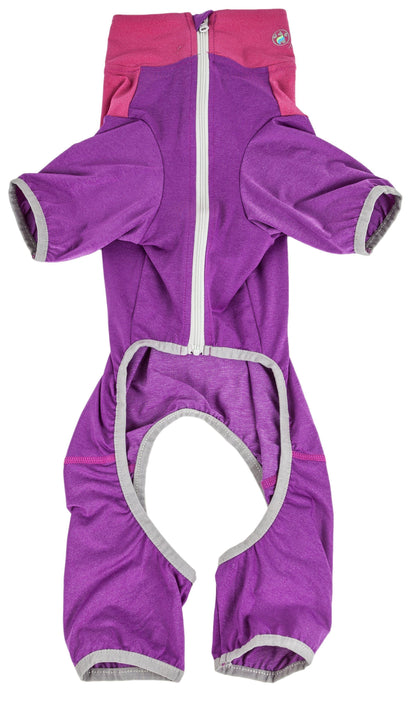 Purple children's snowsuit with pink hood on a white background